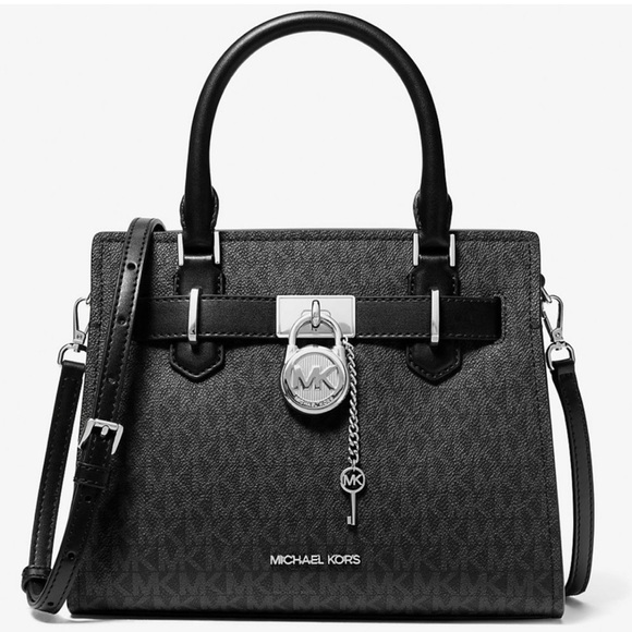 Michael Kors Hamilton Small Signature Logo Satchel Black Signature - Picture 1 of 9